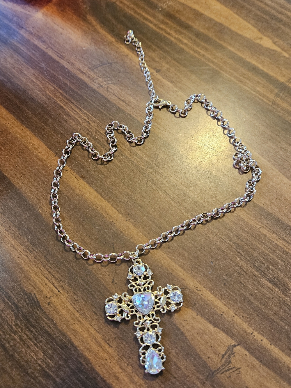 Jessica Simpson Gold-Tone Cross Necklace with Opalescent and Clear Stones